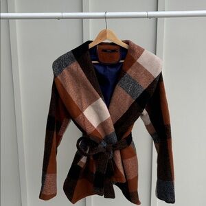 Zaful - Belted Wool Blend Plaid Pea Coat
